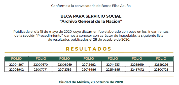 Resultados Beca Servicio Social Archivos General de la Nación